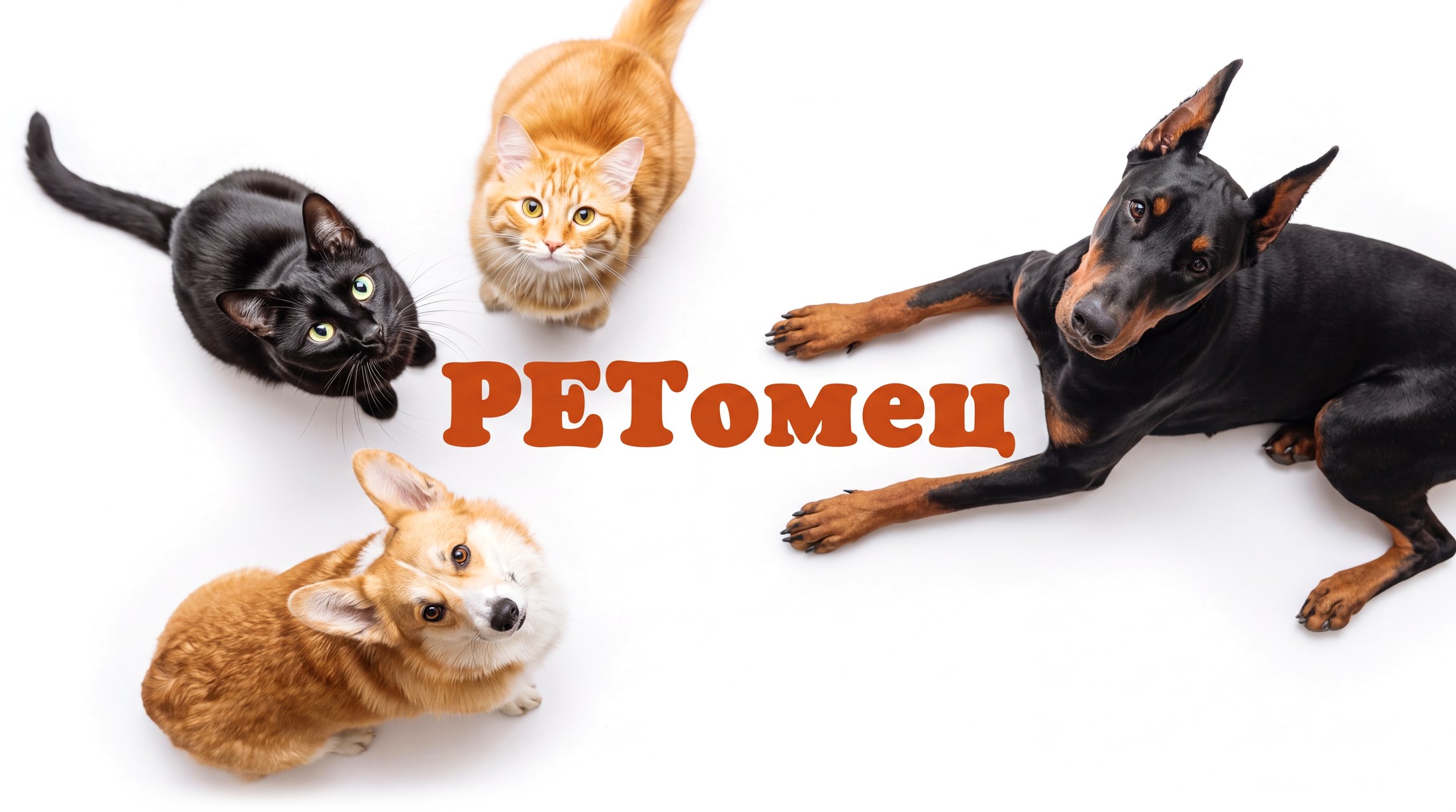 Кот, кошка, корги и доберман смотрят вверх, между ними надпись PETомец
